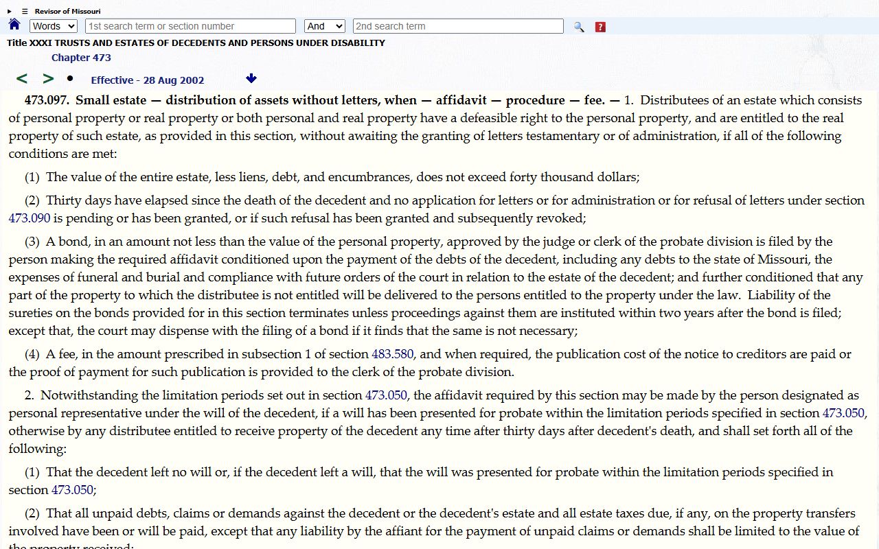 Buchanan County probate records Missouri small estate statute